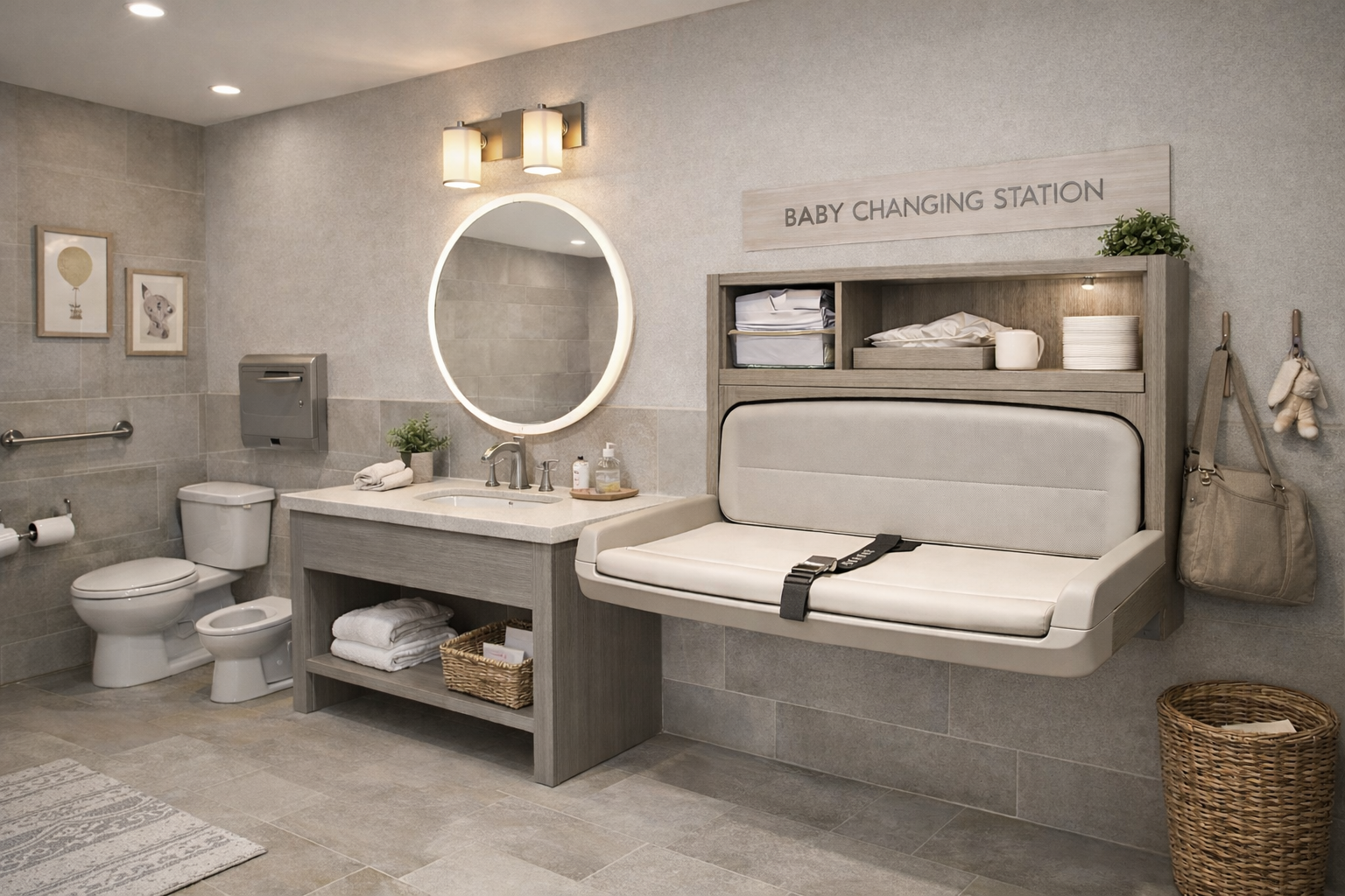 A clean family restroom with a baby changing table.